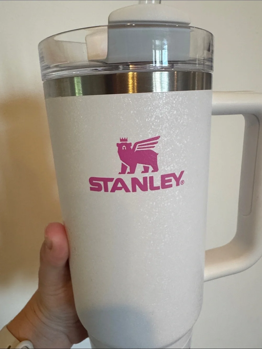Stanley White Tumbler with Pink Logo and Handle
